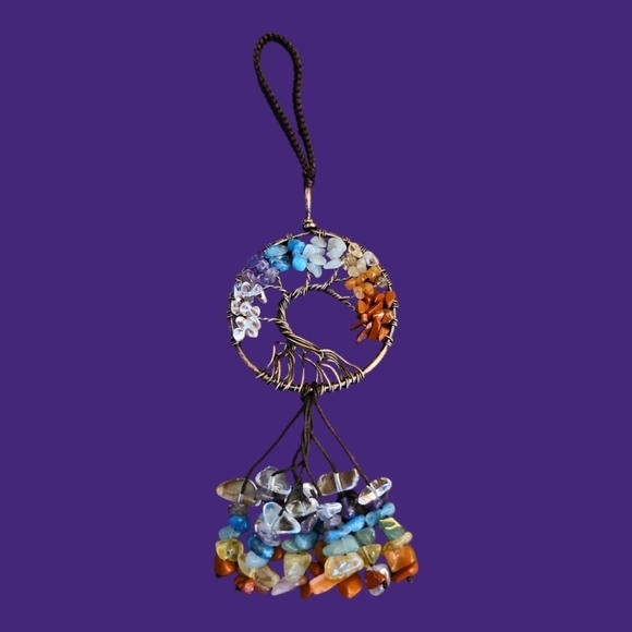 HANDMADE Rainbow Chakra Chip Gemstone Tree of Life Suncatcher Car Charm - Picture 1 of 6